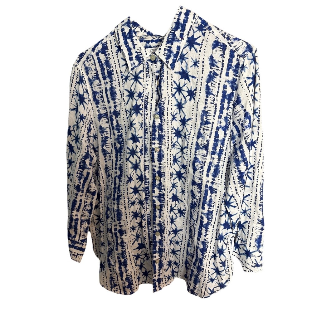 Chico's 100% Linen Blue White Coastal Abstract Print Button Down Top US Size 12